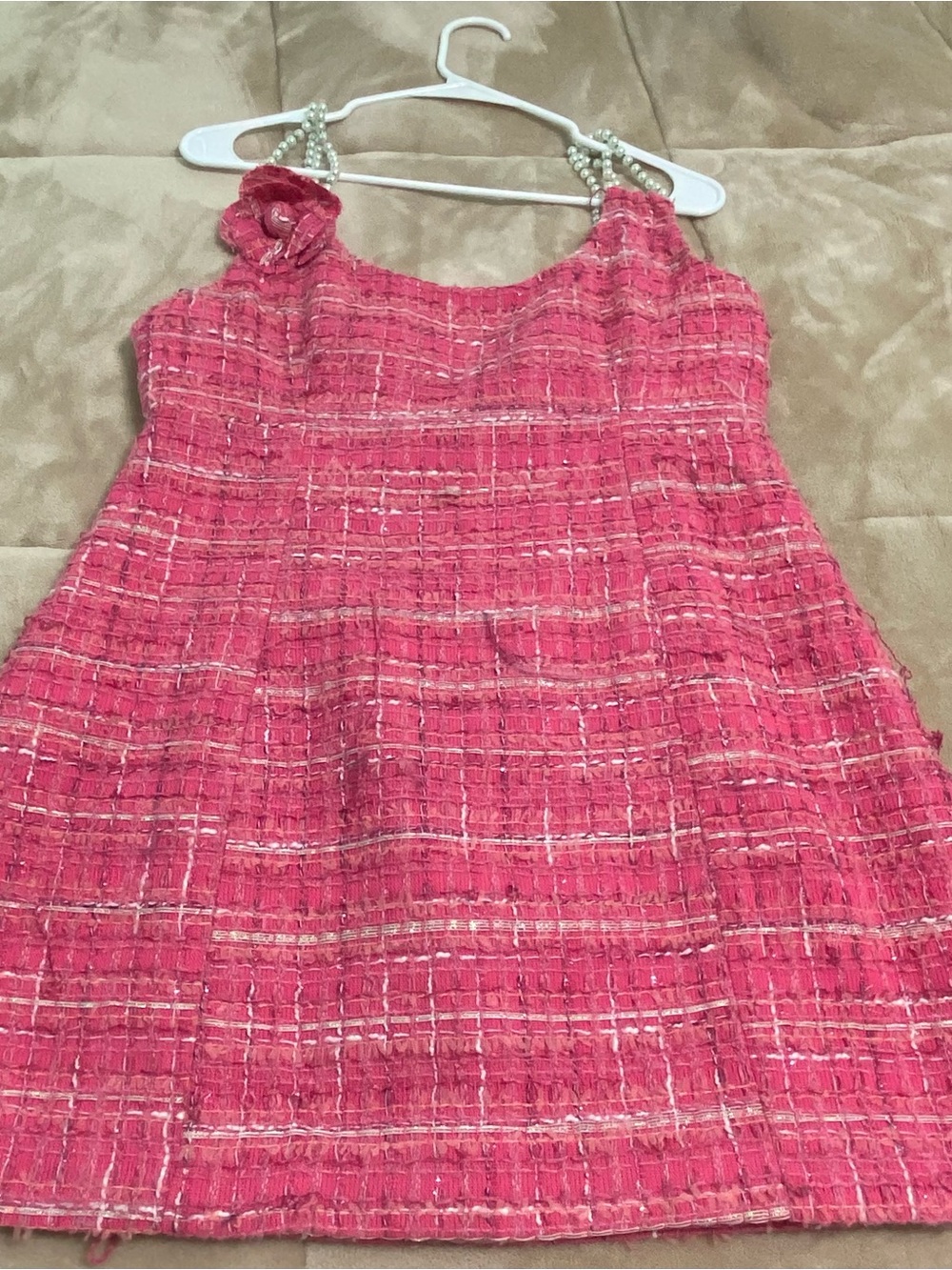 Pink Tweed Midi Dress with Pearl-Strap Accents